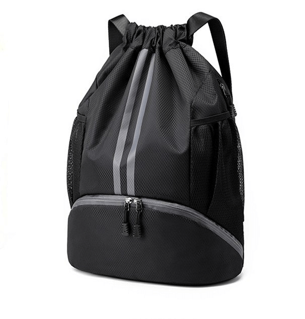 Black waterproof sports shoe bag and unisex backpack with drawstring closure, perfect for outdoor adventures, 15L capacity.